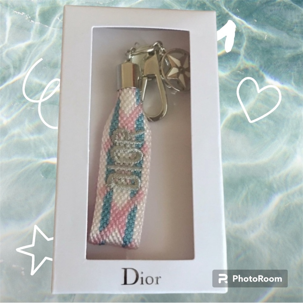 DIOR Woven Keychain Bag Charm  Pink Blue Silver Tone Metal Wristlet